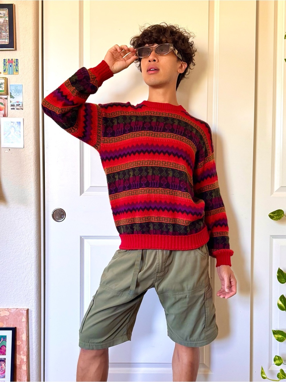 Handknit Red and Purple Llama Sweater
